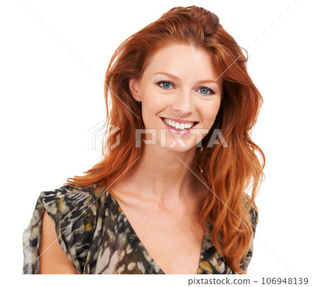 Natural ginger, woman fashion and beauty portrait with cosmetics and pride in a studio. White background, happy face and confident smile of a young female person with red hair with confidence style 106948139