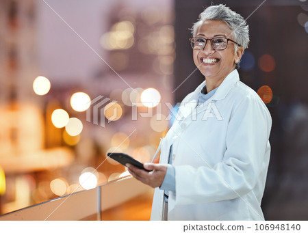 Phone, doctor and senior woman on hospital rooftop for telehealth, research or online consultation in city. Bokeh, healthcare portrait and female physician with smartphone for wellness app at night. 106948140