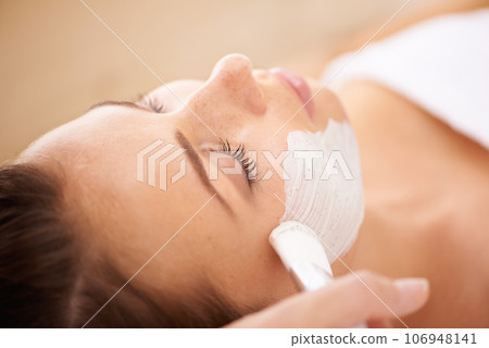 Beauty, face mask and woman with beauty, spa and treatment with grooming, skincare and dermatology. Female person, model or girl with organic facial, detox and cleanse with smooth, clear or soft skin 106948141