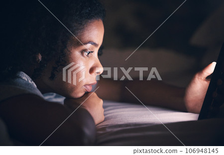 Relax, insomnia and phone with woman in bedroom for social media app, night and networking. Communication, contact and internet with female person in bed at home for mobile, online and technology 106948145