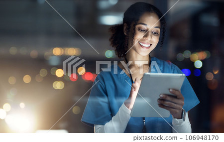 Medical, research and night with doctor and tablet for planning, medicine and schedule. Technology, review and digital with black woman reading report for healthcare, science and life insurance news 106948170