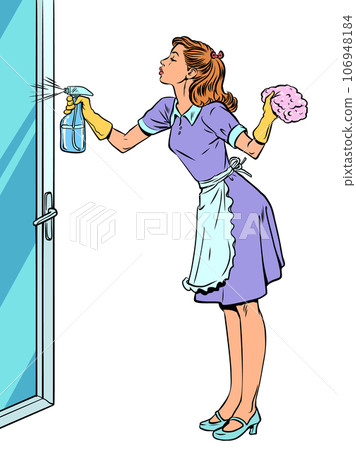 Cleaning service for cleaning your home. Responsible housewife is cleaning the house. A girl in uniform washes a glass door. 106948184