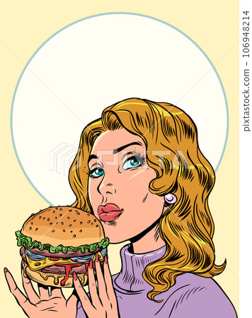Fast food restaurant prepares burgers. The girl is holding a burger with her hands. Fast food restaurant prepares burgers. The girl is holding a burger with her hands. 106948214