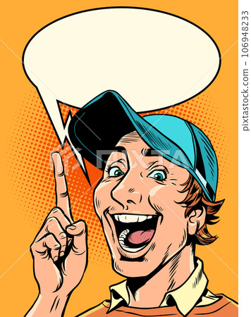 Notify about discounts, promotions, promotions. The consultant advises on the purchase. A man in a cap is happy to talk about something. 106948233