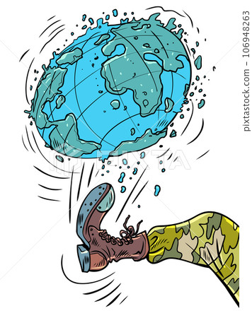 A threat to the entire world. The militarization of countries and the deterioration of the ecological situation of the Earth. A military soldier kicks the planet 106948263