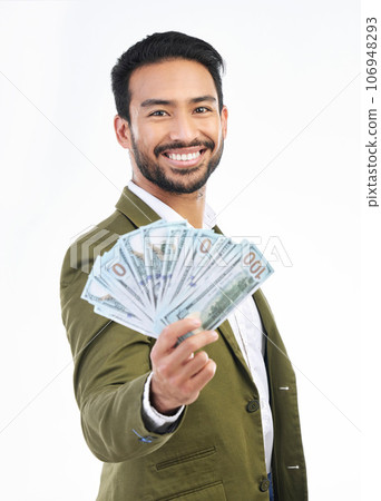 Cash, money and portrait of business man on white background for bonus, financial savings and payment. Finance success, investment and happy male for winning, budget and stock market profit in studio 106948293