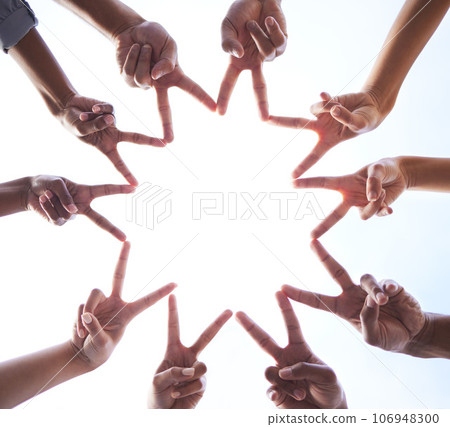 Teamwork, hands and star of peace at white background for support, partnership and collaboration from below. Closeup, trust and fingers of hope, society and group solidarity for mission, goals or fun Teamwork, hands and star of peace at white background for support, partnership and collaboration from below. Closeup, trust and fingers of hope, society and group solidarity for mission, goals or fun 106948300