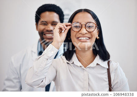 Optometrist, client and glasses portrait for vision, mirror pov and customer service with new lens frame. Face of happy black woman, professional person or doctor for eyes healthcare and store test Optometrist, client and glasses portrait for vision, mirror pov and customer service with new lens frame. Face of happy black woman, professional person or doctor for eyes healthcare and store test 106948338