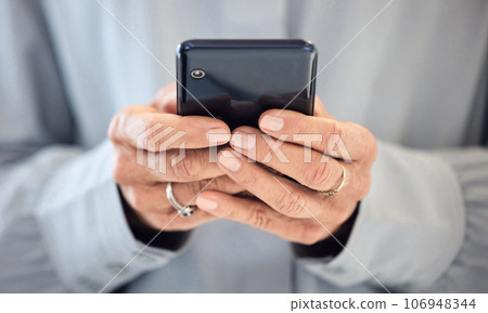 Phone, typing and business person hands for communication, social media and networking online. Connection, search and professional people on mobile chat, internet or Web 3.0 for news or opportunity 106948344