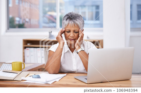 Stress, headache and woman on laptop in office administration for migraine, burnout or mistake. Brain fog, problem or migraine of senior business person massage temple and planning on her computer Stress, headache and woman on laptop in office administration for migraine, burnout or mistake. Brain fog, problem or migraine of senior business person massage temple and planning on her computer 106948394