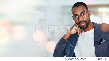 Portrait, business and black man in glasses at office on bokeh mockup space. Face, professional and confident African entrepreneur, consultant and employee worker in company workplace in Nigeria. Portrait, business and black man in glasses at office on bokeh mockup space. Face, professional and confident African entrepreneur, consultant and employee worker in company workplace in Nigeria. 106948401