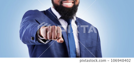 Businessman, hands and fist bump for meeting or partnership on banner against a blue studio background. Closeup of man touching for business deal, approval or success in agreement, unity or teamwork 106948402