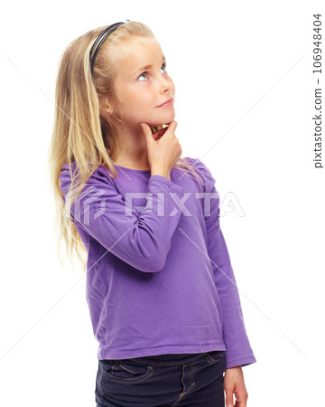 Thinking, mockup and girl with ideas, decision and wonder isolated against a white studio background. Young person, female child and kid with wonder, future and ponder with daydreaming and happiness 106948404