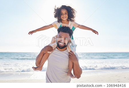 Father, child and piggyback on the beach for summer vacation or holiday love or family and kid smile on a seaside for quality bonding time. Happy, dad and kid relax on nature or travel adventure 106948416