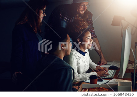 Computer, diversity collaboration and night people programming ERP software, cybersecurity system or code. Information technology, developer and programmer teamwork on coding cloud computing database Computer, diversity collaboration and night people programming ERP software, cybersecurity system or code. Information technology, developer and programmer teamwork on coding cloud computing database 106948430