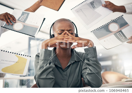 Anxiety, business and black woman with stress, multitasking and annual report deadline with a headache. Female person, consultant and agent with a migraine, chaos and headphones with documents or crm Anxiety, business and black woman with stress, multitasking and annual report deadline with a headache. Female person, consultant and agent with a migraine, chaos and headphones with documents or crm 106948465