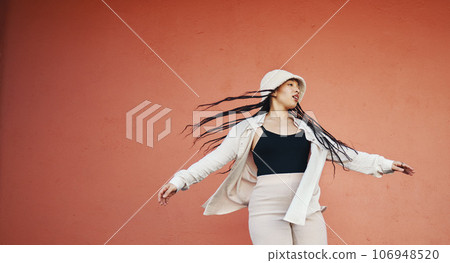Woman, fashion and city wall with mockup space, freedom style and urban clothes with confidence. Red background, traveling and stylish female person in town with cool and modern outfit and thinking Woman, fashion and city wall with mockup space, freedom style and urban clothes with confidence. Red background, traveling and stylish female person in town with cool and modern outfit and thinking 106948520