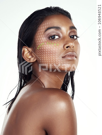 Portrait, beauty and facial recognition for skincare with a model in studio isolated on a white background. 3D face scan, change or transformation with a woman rendering her skin for digital makeup Portrait, beauty and facial recognition for skincare with a model in studio isolated on a white background. 3D face scan, change or transformation with a woman rendering her skin for digital makeup 106948521