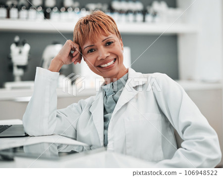 Portrait, science and smile of woman doctor in the lab for research, innovation or breakthrough. Medical, study and a happy mature scientist working in a laboratory for pharmaceutical development Portrait, science and smile of woman doctor in the lab for research, innovation or breakthrough. Medical, study and a happy mature scientist working in a laboratory for pharmaceutical development 106948522