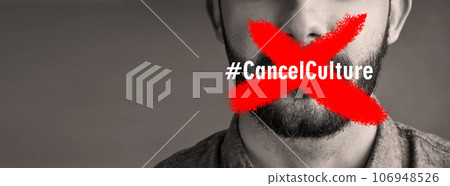 Cancel culture, man and protest sign on mouth with censorship for bullying, violence and social media with mockup space. Silence, person and words on lips with support for solidarity in studio 106948526