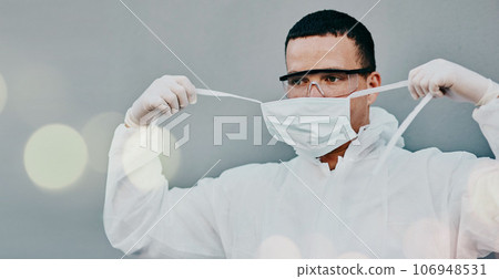 PPE, face mask removal and man in safety suit of lab worker and healthcare professional in a hospital or clinic. Cleaning, bacteria protection for virus, pharmacy and wellness research with bokeh 106948531