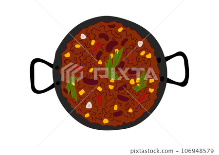 Traditional Mexican spicy food Chili con carne with beans, green and corn in cast iron pan. Flat lay Traditional Mexican spicy food Chili con carne with beans, green and corn in cast iron pan. Flat lay 106948579