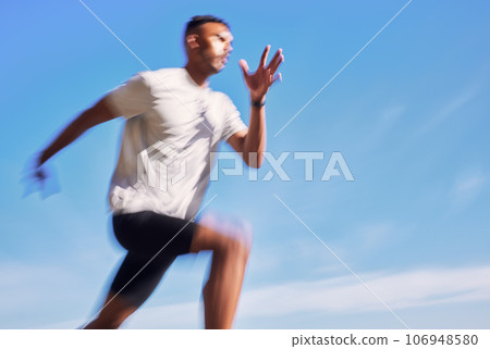 Fitness, exercise and speed of a man running outdoor for workout or training. Blurred athlete person or fast runner in nature for resilience, cardio performance or health on sky mockup space Fitness, exercise and speed of a man running outdoor for workout or training. Blurred athlete person or fast runner in nature for resilience, cardio performance or health on sky mockup space 106948580
