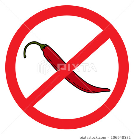 Vector abstract isolated image of red hot Chili pepper under the ban sign. Prohibition sign. Sticker Vector abstract isolated image of red hot Chili pepper under the ban sign. Prohibition sign. Sticker 106948581