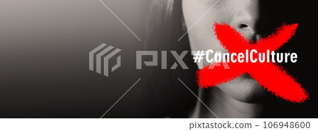 Cancel culture, overlay and cross on mouth of woman for bias, political controversy or criticism. Mockup space, banner and cancelled person with hate speech problem, mistake and racism in society 106948600