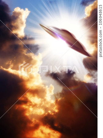 UFO, alien spaceship and clouds in sky, speed and interstellar transportation, sci fi or terror. UAP ship, fast flying saucer and space travel in universe, galaxy or world with extraterrestrial tech 106948615