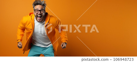 Fun goofy guy deliriously happy and jumping in front of a gradated background banner - generative AI. 106948723