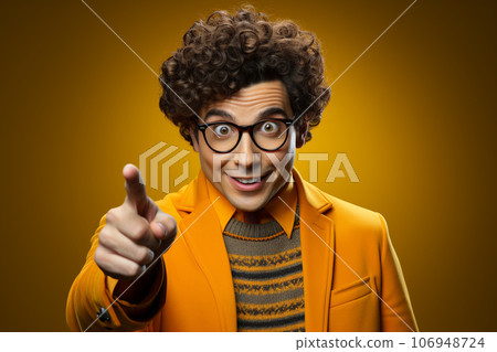 Fun goofy guy deliriously smiling and pointing on a gradated background - generative AI. 106948724