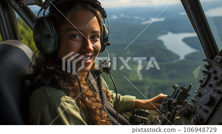 Female military helicopter pilot in the cockpit - generative AI. 106948729