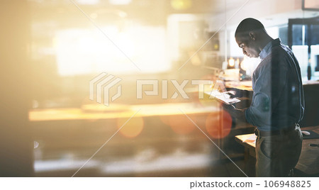 Tablet, flare and double exposure with a business man in the office for research or innovation on mockup. Technology, future and networking with a young employee using the internet to search for info 106948825