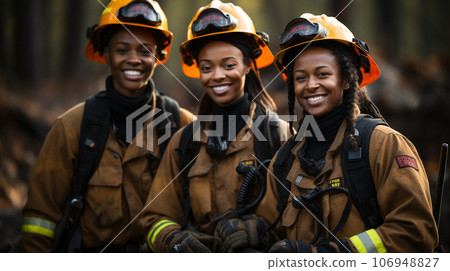 Female African American firefighters working in the field - generative AI. Female African American firefighters working in the field - generative AI. 106948827