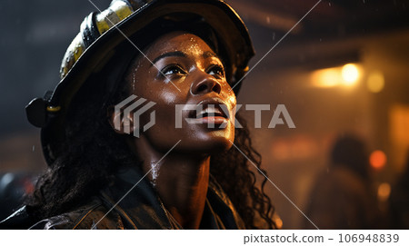 Female African American firefighter wearing protective helmet and gear at a fire incident - generative AI. 106948839