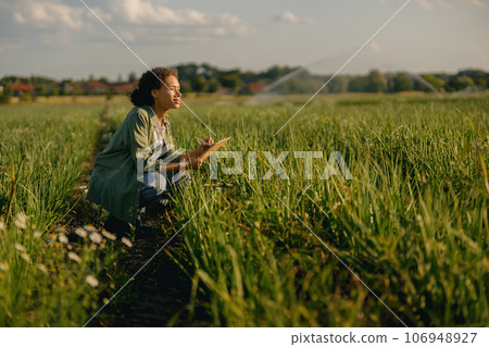 Female agronomist making notes in clipboard on field during harvesting. Agricultural concept Female agronomist making notes in clipboard on field during harvesting. Agricultural concept 106948927