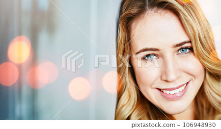 Beauty, skincare and portrait of woman with smile and natural face for cosmetics or dermatology on bokeh. Cosmetology, person and wellness for self care, facial health and glow in San Francisco 106948930