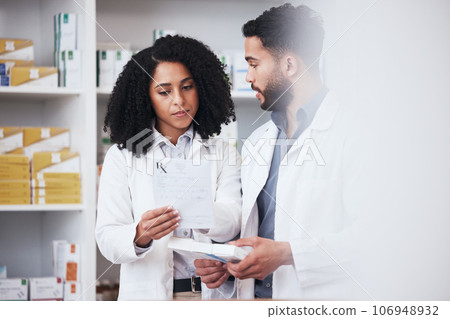 Pharmacy, workers and report check with conversation, teamwork and pharmaceutical work. Healthcare, medicine and drug ingredients of pills and medication document in drugstore with pharmacist Pharmacy, workers and report check with conversation, teamwork and pharmaceutical work. Healthcare, medicine and drug ingredients of pills and medication document in drugstore with pharmacist 106948932