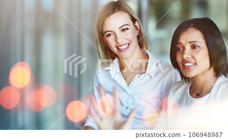 Business women, office and conversation with teamwork and bokeh with communication. Collaboration, planning and employee with professional discussion and worker with startup company talk together Business women, office and conversation with teamwork and bokeh with communication. Collaboration, planning and employee with professional discussion and worker with startup company talk together 106948987