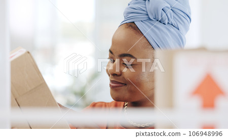 Black woman, laptop and typing in logistics for schedule delivery, order or ecommerce in fashion business. African American female working on computer in digital marketing for shipping information Black woman, laptop and typing in logistics for schedule delivery, order or ecommerce in fashion business. African American female working on computer in digital marketing for shipping information 106948996