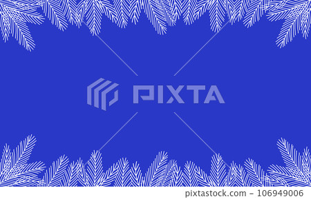 White frosted pine branches on blue background, border with copy space, vector 106949006