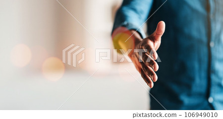 Business person, handshake offer and startup meeting, marketing agreement and graphic designer in b2b deal. Creative shaking hands in interview, onboarding POV or thank you for opportunity on mockup Business person, handshake offer and startup meeting, marketing agreement and graphic designer in b2b deal. Creative shaking hands in interview, onboarding POV or thank you for opportunity on mockup 106949010