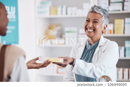 Pharmacist, medicine or patient with pills, supplements to patient in customer services help desk. Pharmacy, smile or mature doctor giving woman medical product or medication box in retail healthcare Pharmacist, medicine or patient with pills, supplements to patient in customer services help desk. Pharmacy, smile or mature doctor giving woman medical product or medication box in retail healthcare 106949095