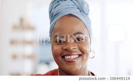 Happy, smile and face of business woman in office standing with confidence and leadership. Happiness, excited and portrait of professional African female employee with positive mindset in workplace. Happy, smile and face of business woman in office standing with confidence and leadership. Happiness, excited and portrait of professional African female employee with positive mindset in workplace. 106949119
