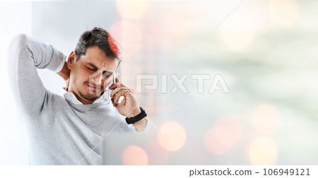 Stress, phone call and business man with neck pain in office with burnout, worry or workload pressure with mockup. Anxiety, muscle tension and guy project manager with smartphone conversation or fail Stress, phone call and business man with neck pain in office with burnout, worry or workload pressure with mockup. Anxiety, muscle tension and guy project manager with smartphone conversation or fail 106949121