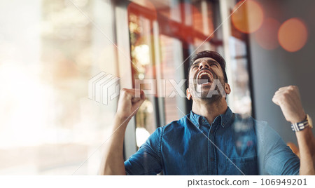 Businessman, success and celebration of winning a deal, achievement or promotion in office with happy employee cheering. Opportunity, winner and man with happiness for investment, profit or bonus 106949201