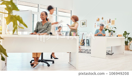 Happy, coworking speed and a busy office of women for business, corporate career and staff. Smile, diversity and a fast group of employees in the workplace with motion at a company in the workforce Happy, coworking speed and a busy office of women for business, corporate career and staff. Smile, diversity and a fast group of employees in the workplace with motion at a company in the workforce 106949208