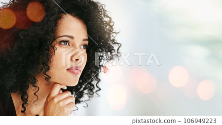 Woman, face and thinking, banner and future with ideas, dream and inspiration with mockup space. Bokeh, mind and thoughtful, decision or choice with question, FAQ and mindfulness with life mission Woman, face and thinking, banner and future with ideas, dream and inspiration with mockup space. Bokeh, mind and thoughtful, decision or choice with question, FAQ and mindfulness with life mission 106949223