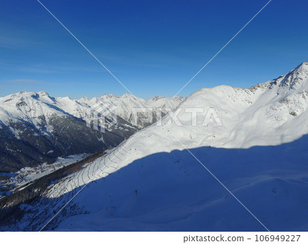 Mountain, snow and the Swiss Alps landscape for travel, holiday or vacation with a view of nature. Environment, winter and adventure in a remote location during the cold weather season in Europe 106949227